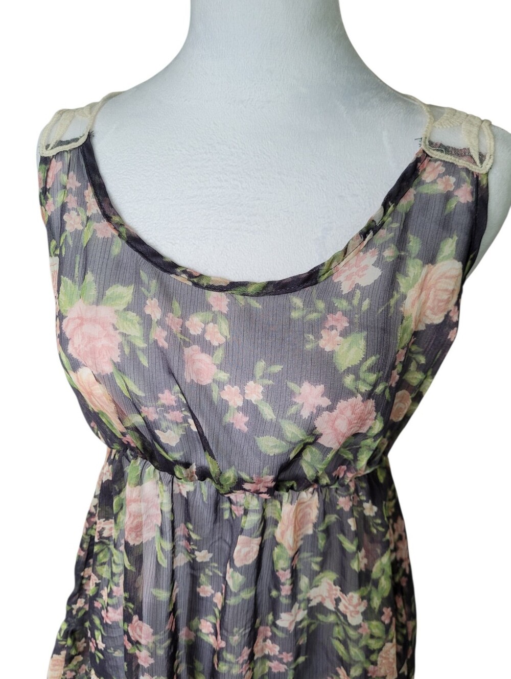 Vintage Y2K Roses Print Lace Back Sleeveless Chiffon Babydoll Top Large - Picture 3 of 16